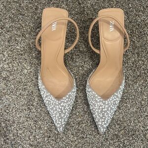 ZARA PEARL SLINGBACK HEELS size 39 viral zara jeweled kitten wedding bridal heel
